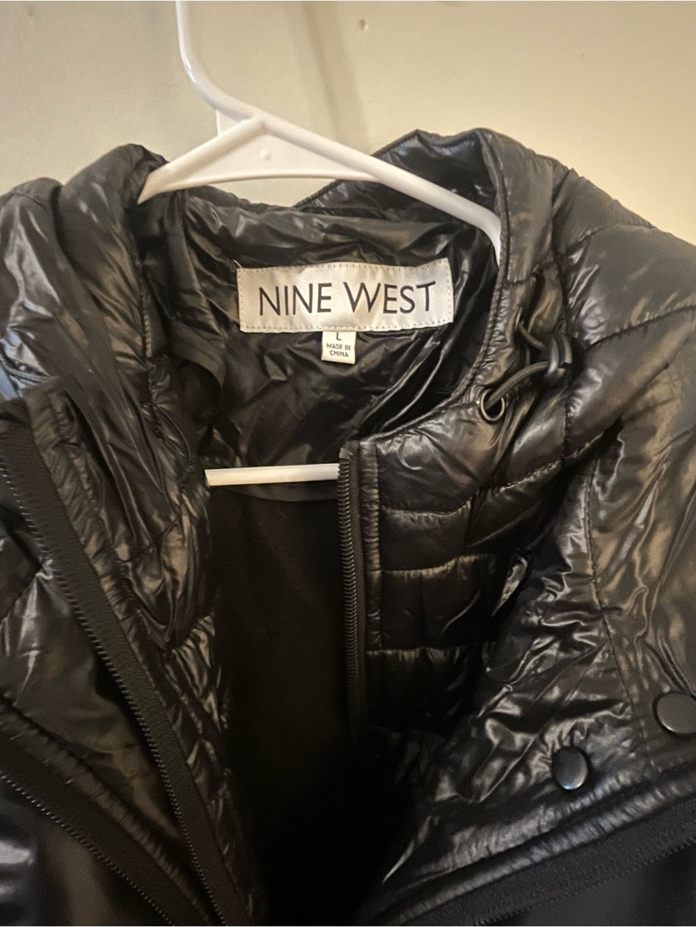 Nine West Shiny Black Hooded Puffer Coat